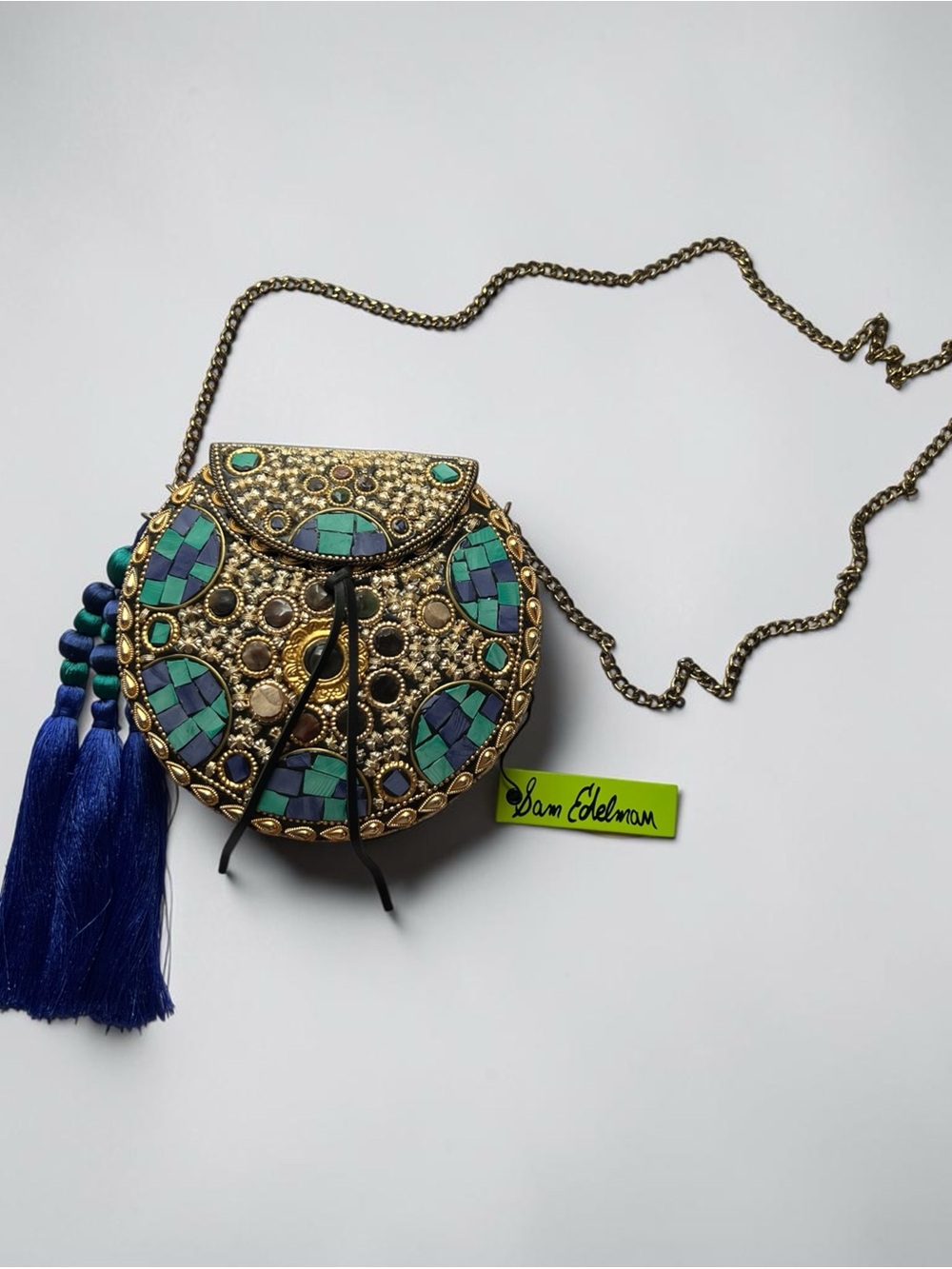 Sam Edelman Beatrice Handbag Blue Multi Mosaic Tassel Crossbody Bag NWT